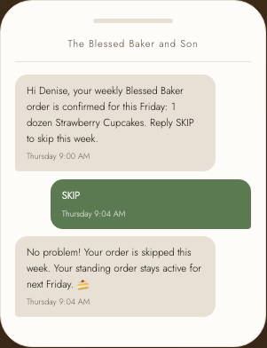 The Blessed Baker and Son standing-order SMS thread